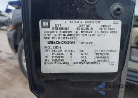 2002 Chevrolet Tahoe Z71 from USA, damaged, VIN 1GNEK13Z62R239591